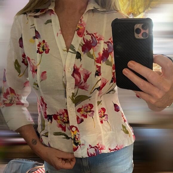 Harve Bernard white floral linen Blouse Medium - Picture 3 of 11